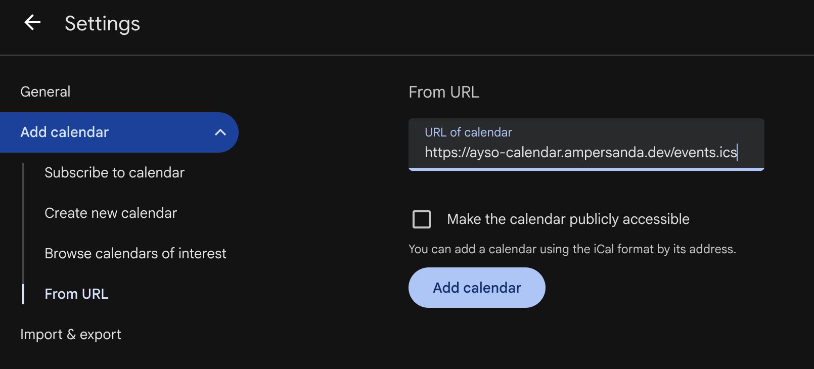 Kolom URL of calendar