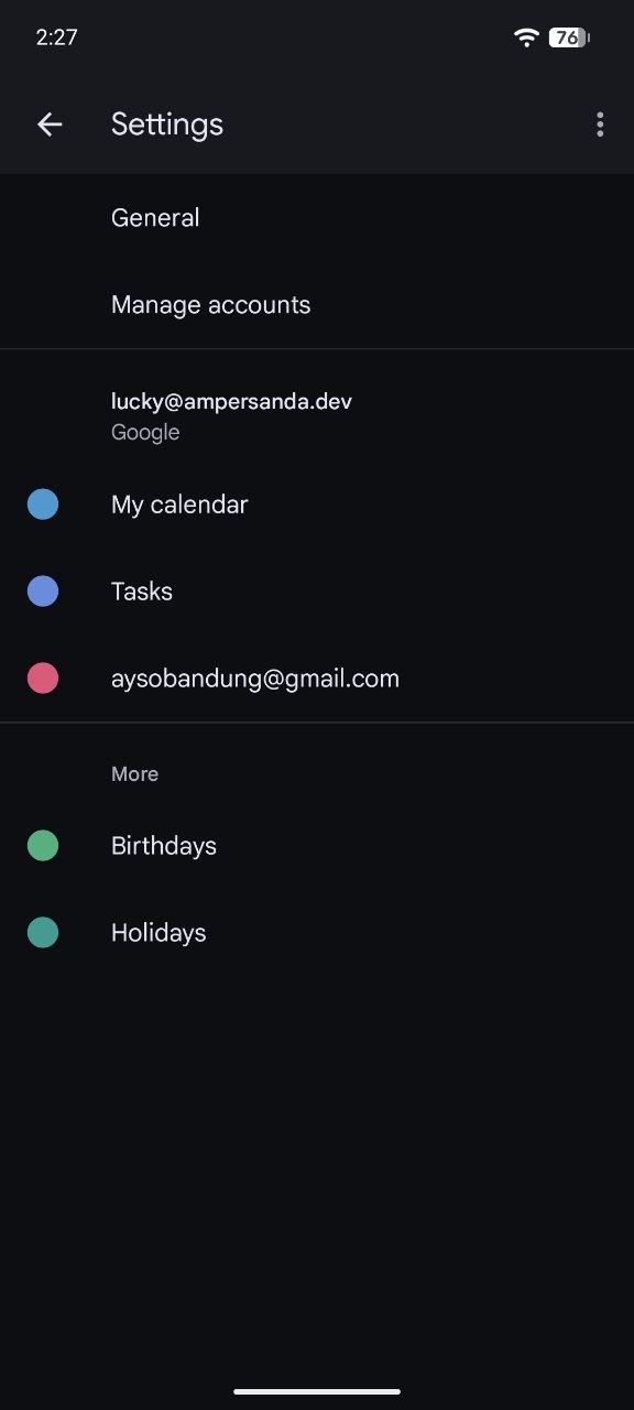 Daftar kalender di Settings aplikasi Google Calendar